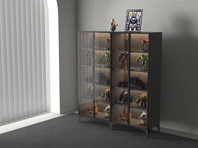 Modern Action Figure Display Cabinet With Glass Doors And Collectibles In Room With Blinds 3d model