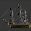 Vintage Pirate Ship Model With Black Sails Wooden Hull And Skull Flag