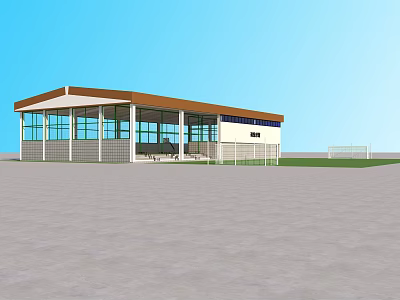 Modern Single Story Building With Large Glass Windows Brown Roof And Open Surroundings 3d model