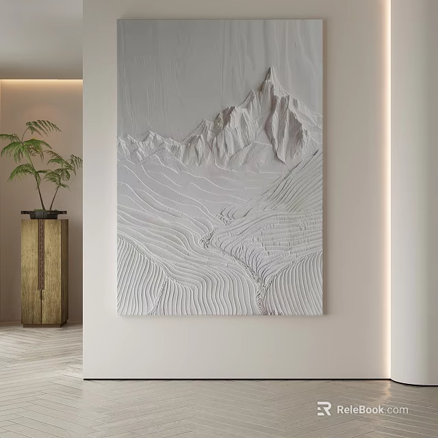 Textured Abstract Mountain Painting With Wavy Lines In Modern Interior White Wall Decor 3d model 