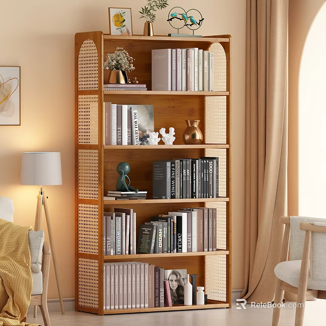 Wooden Bookshelf With Rattan Details Multiple Shelves And Decorative Items In Cozy Living Room 3d model 