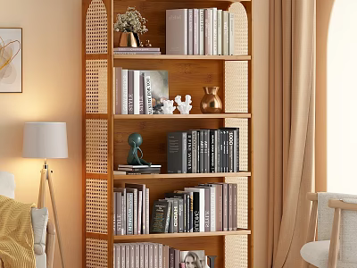 Wooden Bookshelf With Rattan Details Multiple Shelves And Decorative Items In Cozy Living Room 3d model
