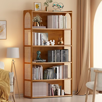 Wooden Bookshelf With Rattan Details Multiple Shelves And Decorative Items In Cozy Living Room 3d model