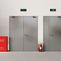 Safety Doors With Green Exit Signs And Red Fire Extinguisher Cabinet