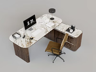 Modern L Shaped Office Desk With Marble Top Wooden Legs Monitor Lamp And Brown Chair 3d model