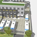 Modern Multi Story Building With Gray Exterior Green Roof Entrance Area And Surrounding Trees