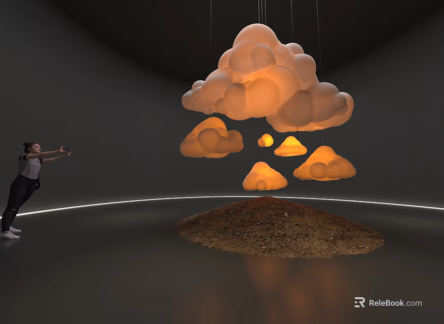 Interactive Cloud Shaped Illuminated Art Installation In Gallery Exhibition With Dirt Mound 3d model 