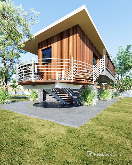 Detached Villa Modern Design Wooden Exterior Balcony Metal Railing Staircase and Green Lawn 3d model 