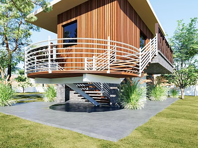 Detached Villa Modern Design Wooden Exterior Balcony Metal Railing Staircase and Green Lawn 3d model