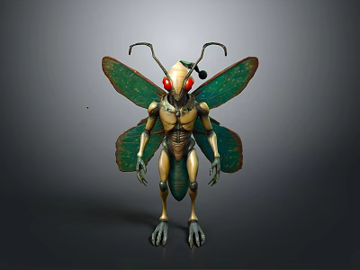 Fantasy Insectoid Creature With Green Wings Red Eyes Gold Exoskeleton Antennae And Mechanical Legs 3d model
