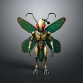 Fantasy Insectoid Creature With Green Wings Red Eyes Gold Exoskeleton Antennae And Mechanical Legs