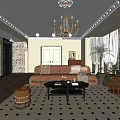 Elegant Living Room With Brown Sofa Crystal Chandelier Geometric Rug And Potted Plant