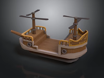 Vintage Water Vessel With Wooden Deck Yellow Railings And Dual Propeller Masts 3d model
