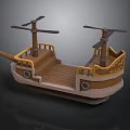 Vintage Water Vessel With Wooden Deck Yellow Railings And Dual Propeller Masts