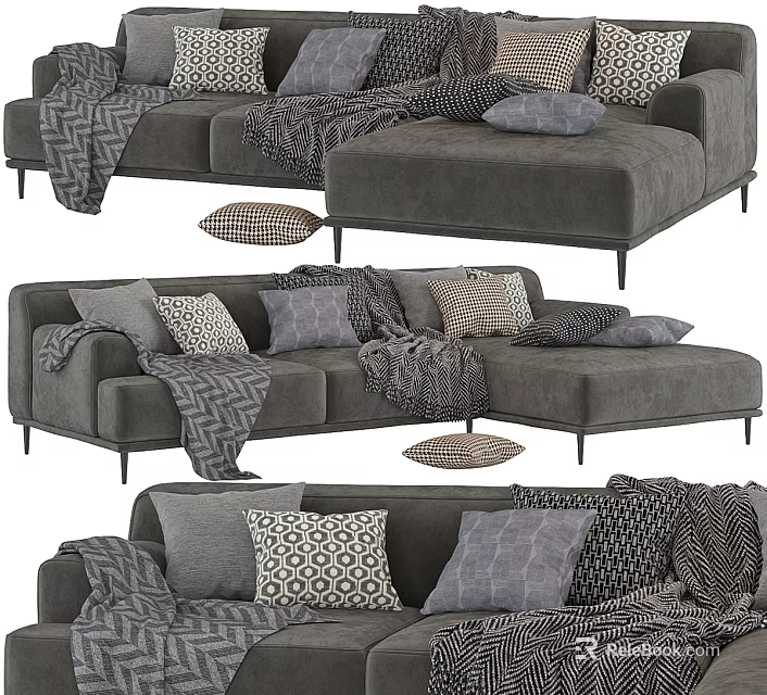 Modern Gray Sectional Sofa With Patterned Pillows And Textured Blankets 3d model
