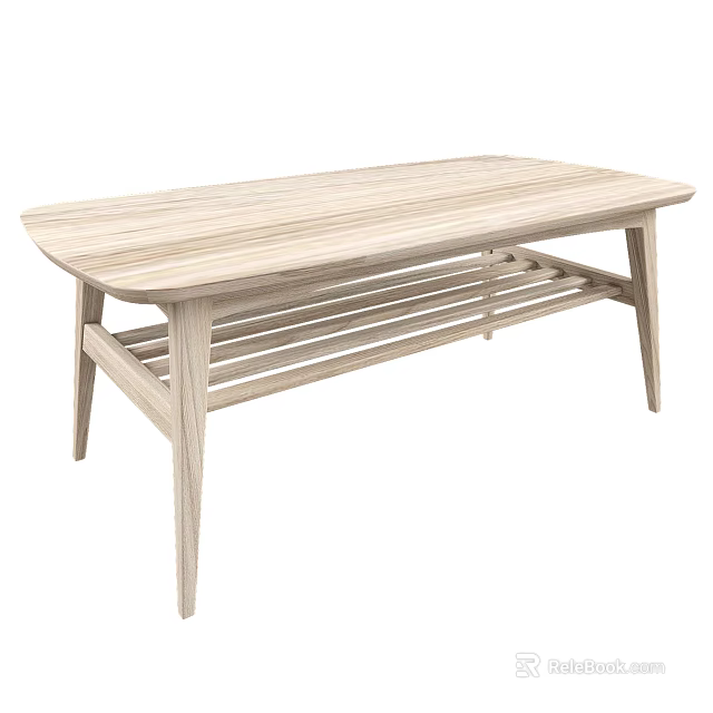 Natural Wooden Rectangular Coffee Table With Layered Shelf And Minimalist Design 3d model