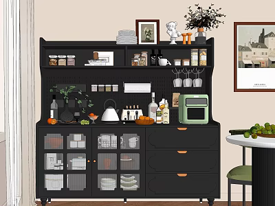 Modern Black Sideboard With Glass Doors Drawers Storage Cups Plates Plants Coffee Machine And Decor 3d model