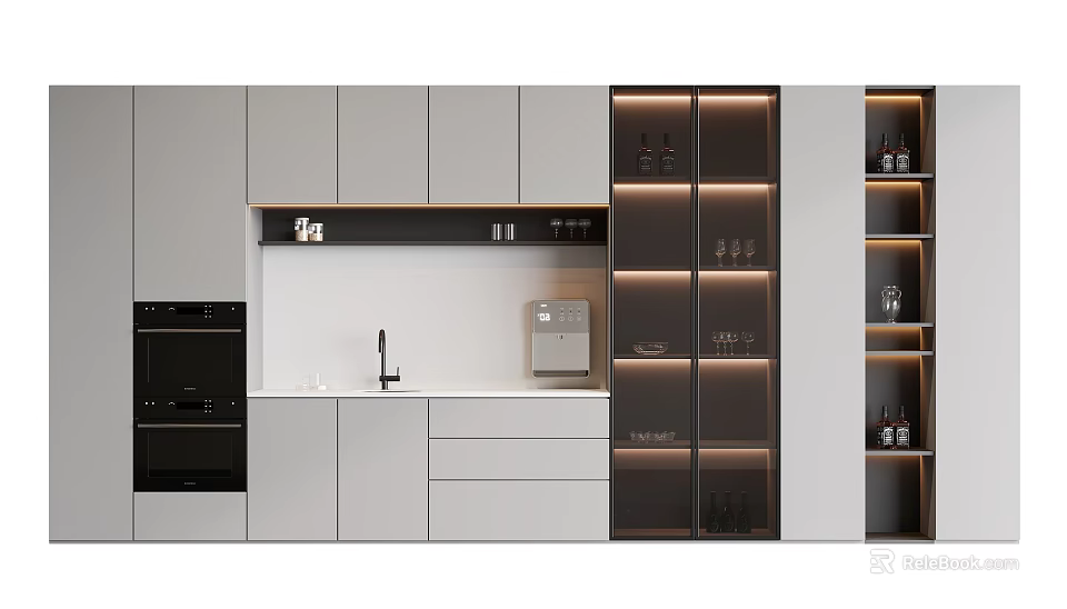 Modern Kitchen Wine Cabinet Design With Glass Doors And LED Lighting Storing Wine Bottles And Glasses 3d model 