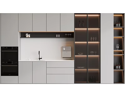 Modern Kitchen Wine Cabinet Design With Glass Doors And LED Lighting Storing Wine Bottles And Glasses 3d model