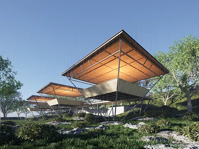 Modern Wooden Roof Architectural Structures In Natural Environment With Trees And Grass 3d model