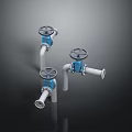 Industrial Hardware Tools Three Metal Valves With Blue Handwheels And Pipes