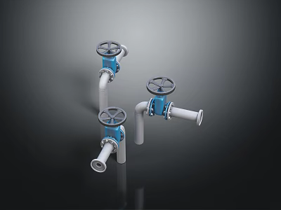 Industrial Hardware Tools Three Metal Valves With Blue Handwheels And Pipes 3d model