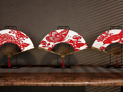 Chinese Style Decorative Fan Ornament Set With Red Butterfly Bird Patterns And Wooden Base 3d model