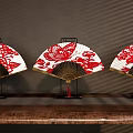 Chinese Style Decorative Fan Ornament Set With Red Butterfly Bird Patterns And Wooden Base