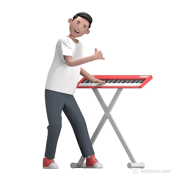 A man playing red keyboard on X shaped stand wearing white t shirt gesturing hand 3d model 