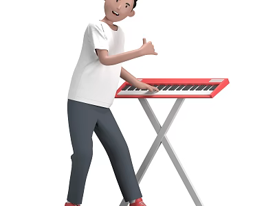 A man playing red keyboard on X shaped stand wearing white t shirt gesturing hand 3d model