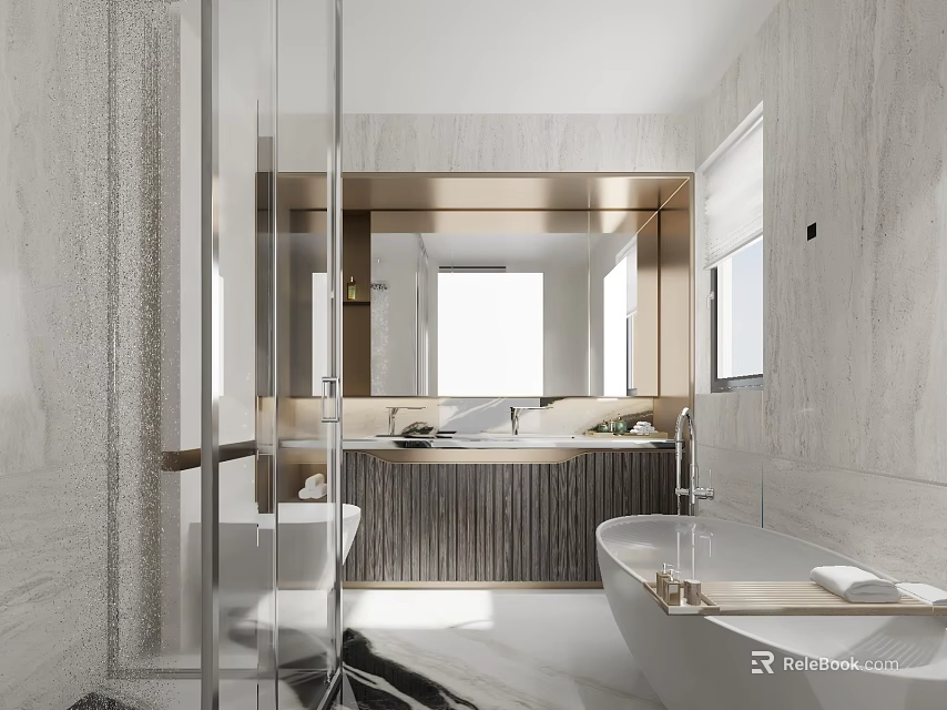 Elegant Modern Light Luxury Bathroom Design With Freestanding Bathtub Glass Shower And Golden Vanity Mirror 3d model 