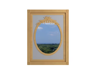 Ovoid Mirror With Golden Carved Frame Reflecting Blue Sky Clouds And Green Trees 3d model