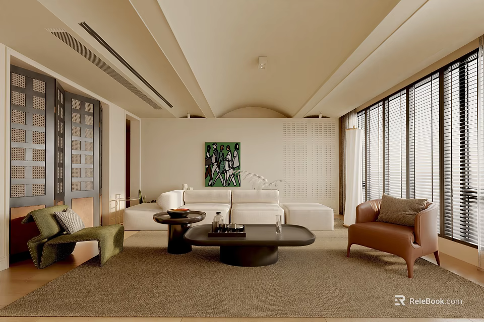 Modern Living Room Interior Design With Sofa Armchair Coffee Table Rug And Artwork 3d model 
