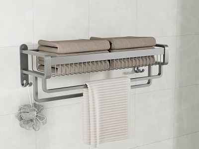 Wall Mounted Bathroom Metal Towel Rack With Brown Towels Beige Striped Towel And Bath Sponge 3d model