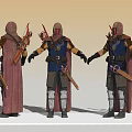 Medieval Archer Game Movie Characters in Red Cloaks Blue Armor with Bows Arrows
