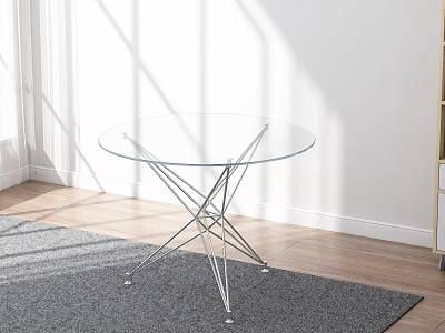 Round Transparent Glass Top Coffee Table With Metal Frame On Gray Rug And Sunlight Shadows 3d model