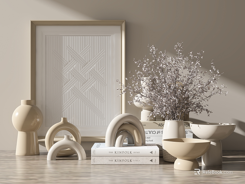 Modern Minimalist Decorative Ornament Set With Framed Art Vase Dried Flowers And Books 3d model 