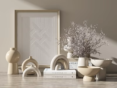 Modern Minimalist Decorative Ornament Set With Framed Art Vase Dried Flowers And Books 3d model