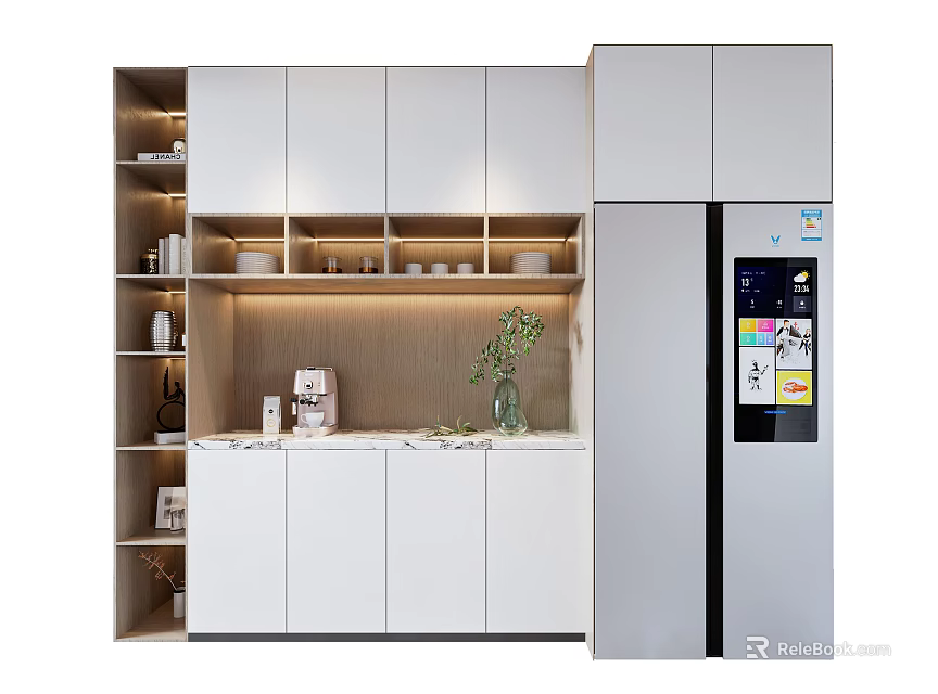 Modern White Sideboard With Open Shelves Built In Lighting And Refrigerator In Kitchen 3d model 