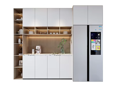 Modern White Sideboard With Open Shelves Built In Lighting And Refrigerator In Kitchen 3d model