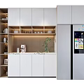 Modern White Sideboard With Open Shelves Built In Lighting And Refrigerator In Kitchen