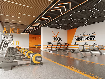 Contemporary Fitness Gym Interior With Orange White Walls Treadmills Yesterday Banner And Gray Floor 3d model