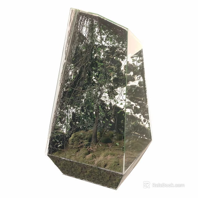 Lush Moss Enclosed in Transparent Polyhedron Container with Rocks And Tree Reflections 3d model 