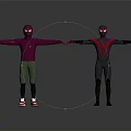 Two Animated Characters In Purple Hoodie And Black Spider Suit Holding Hands With Outstretched Arms