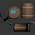 Rustic Wooden Barrels With Lidded Treasure Chest And Metal Anchor Decor