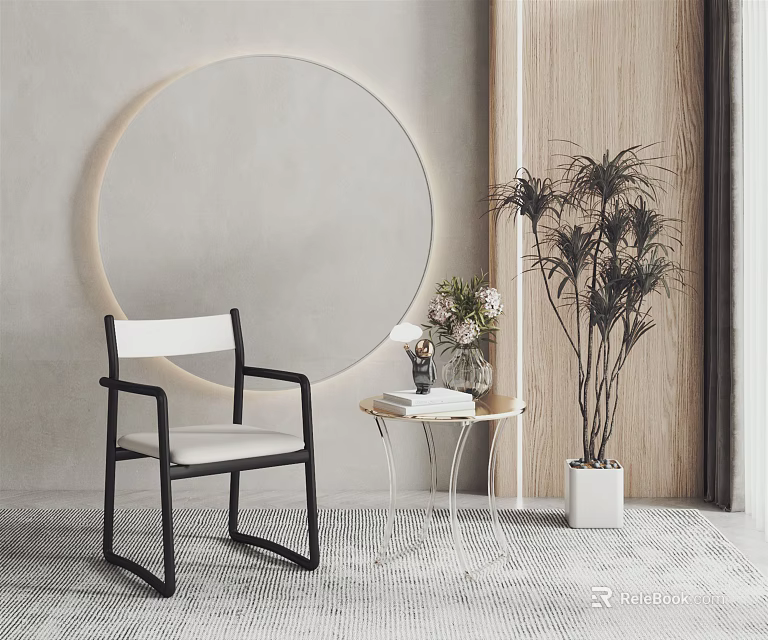 Modern Leisure Chair With Circular Mirror Small Table And Potted Plant In Minimalist Interior 3d model 