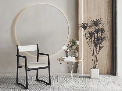Modern Leisure Chair With Circular Mirror Small Table And Potted Plant In Minimalist Interior 3d model