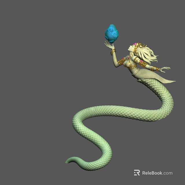 Landscape Sculpture of Female Figure With Snake-like Body Holding Blue Object and Decorative Headpiece 3d model 