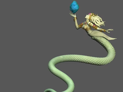 Landscape Sculpture of Female Figure With Snake-like Body Holding Blue Object and Decorative Headpiece 3d model