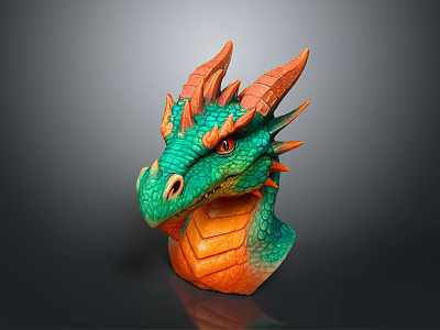 Vibrant Dragon Head Sculpture With Horns Spikes And Green Orange Design 3d model